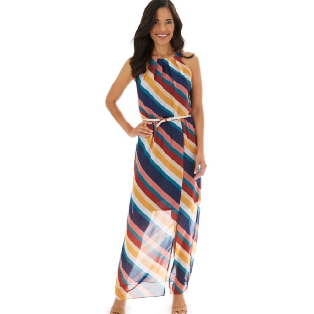 Pleated neckline halter maxi dress multicoloured